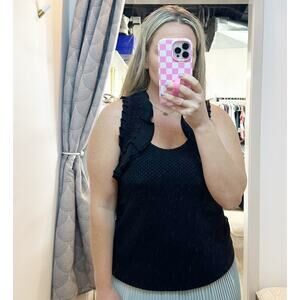Deletta Anthropologie Ruffle Shoulder Trim Textured Stretch Tank Top Black Small